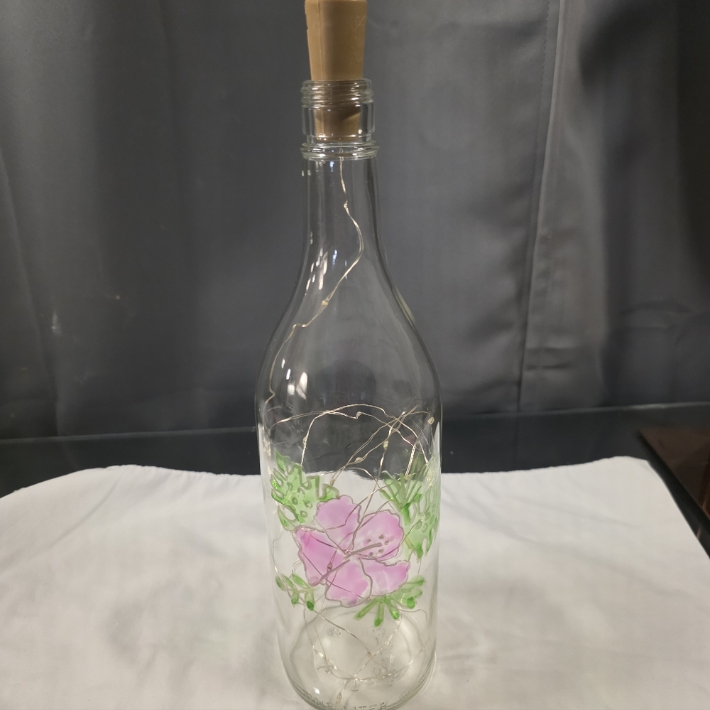 Hand-Painted Pink Floral Bottle Light with Multicolor LED Cork Top